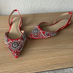 Red and Silver Embellished Flats with Ankle Strap